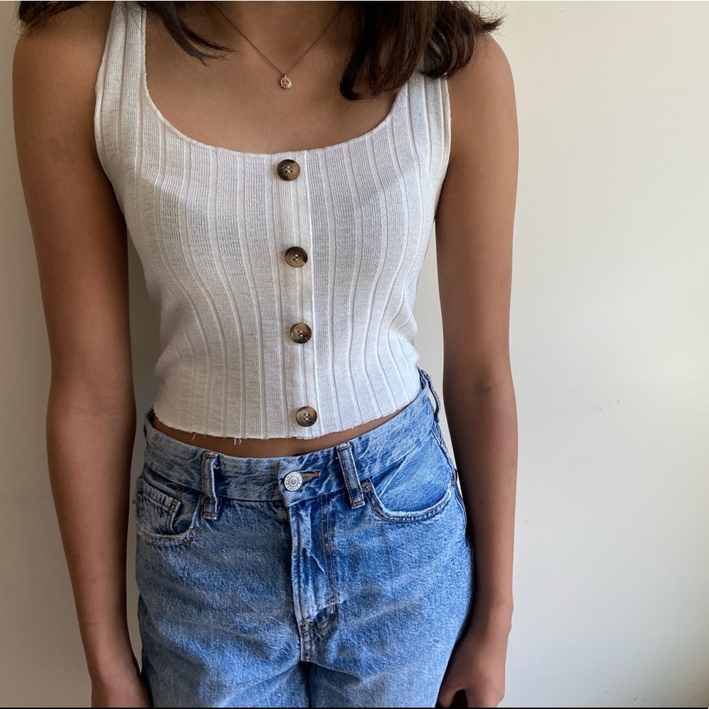 White Button Front Crop Tank Top